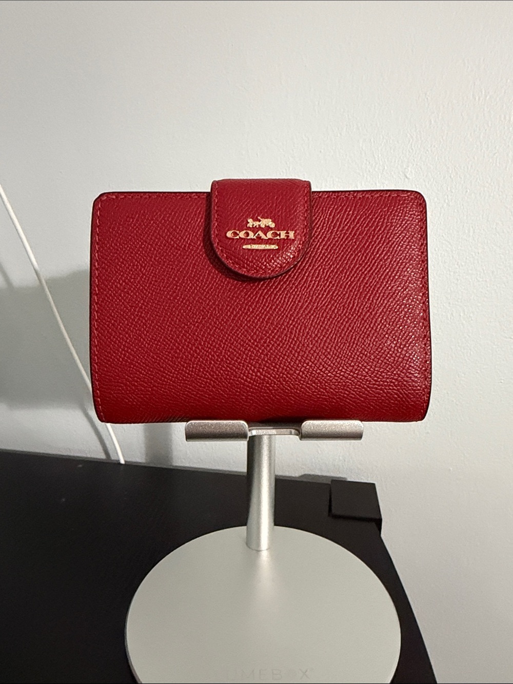 COACH Red Pebbled Leather Card Case with Gold Logo